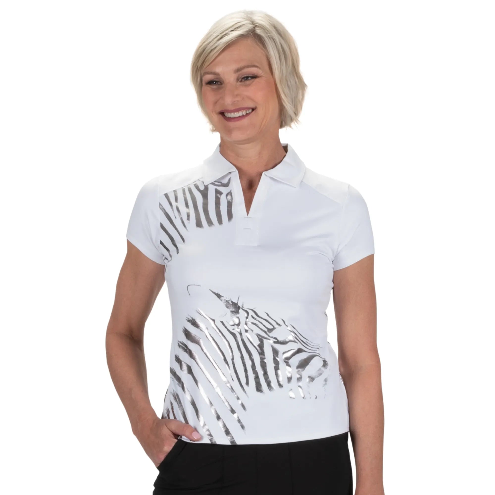 Nancy Lopez  Safari Short Sleeve Polo White Multi